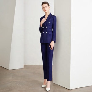 Fábrica personalizada Listra Azul Marinho Double Breasted Escritório Calças e ternos <span class=keywords><strong>blazer</strong></span> Conjunto para Mulheres Negócios Desgaste Calças Ternos - Product Image 4