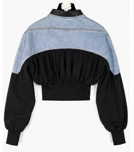 Women's <b>Cropped</b> <b>Denim</b> Patchwork Bomber <b>Jacket</b> Casual Zip Up Color Block Ruched Balloon Sleeve Streetwear Ruched <b>Jacket</b> - Product Image 5