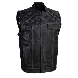 Gilet moto en cuir véritable pour homme, col montant, empiècements matelassés, poches, couleur unie, veste en cuir à prix avantageux - Product Image 1
