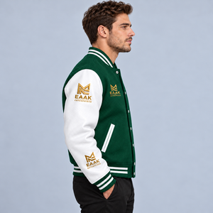 Men's Green Color Block Varsity Jacket <b>Gold</b> Embroidered Logo PU Leather Sleeve <b>Stand</b> Collar Snap Button Windproof <b>Coat</b> - Product Image 4