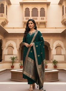 Ensemble Kurta et pantalon en soie romaine brodée verte avec dupatta, col cœur, coupe droite longueur mollet, tenue ethnique pour femme - Product Image 2