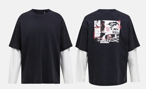 เสื้อยืดโอเวอร์ไซส์สีดำสำหรับผู้ชาย แขนเสื้อสีขาวตัดกัน พิมพ์ลายดีไซน์เอง คอกลม สไตล์สตรีท ผ้าคอตตอนเจอร์ซีย์ แขนสั้น - Product Image 4