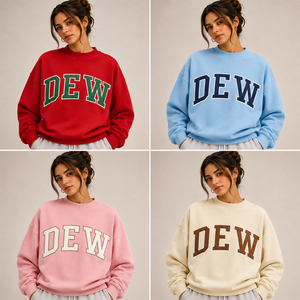 <b>Pink</b> Embroidered DEW Letter Crew Neck Sweatshirt <b>Women</b> Drop Shoulder Fleece Pullover - Product Image 5