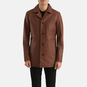 Manteau long en cuir véritable marron pour homme, col chemise, simple boutonnage - Product Image 4