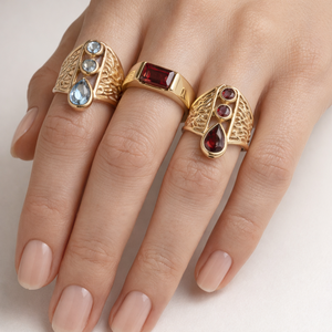 Natural Pear-Shaped <b>Brass</b> <b>Ring</b> Gold Plated Statement <b>Ring</b> Handmade Textured Wide Band Designer Gemstone Women Jewelry Moku - Product Image 4