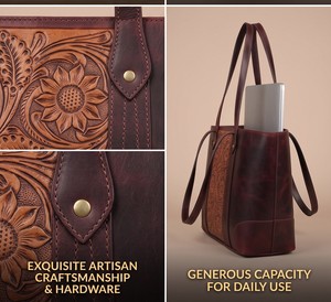 Embossed Hand Tool Leather Vintage Casual Tote Handbag Two Straps Large Capacity Floral Pattern Shoulder Bag for Daily Commuting - Product Image 3