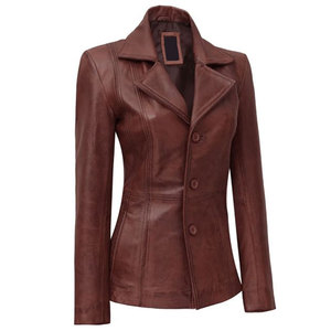 Women Cognac Brown Wax Three Button <b>Leather</b> <b>Blazer</b> Top Sell Factory Wholesale 2026 - Product Image 3
