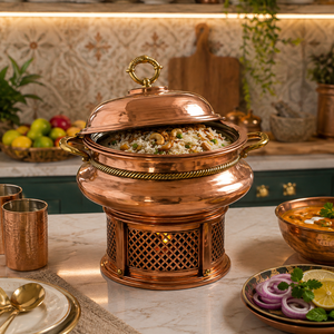 Luxury Pure Copper Round Chafing Dish with Brass Handles & Lid, <b>Buffet</b> Food Warmer, Hotel Catering <b>Server</b>, Restaurant Chafer - Product Image 3
