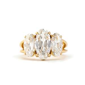 3.5ct Elongated oval Cut Lab Grown Diamond Three Stone <b>Ring</b> Victorian Style 18K Yellow Gold <b>Split</b> Band Custom Wholesale - Product Image 6