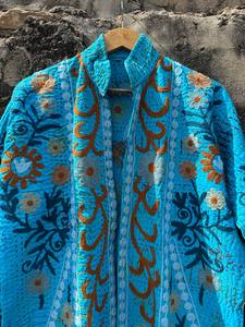 Handcrafted Breathable Cotton <b>Kantha</b> Suzani Embroidered Stand Collar Long <b>Jacket</b> Ethnic Boho Chic Casual Layering Outerwear - Product Image 4