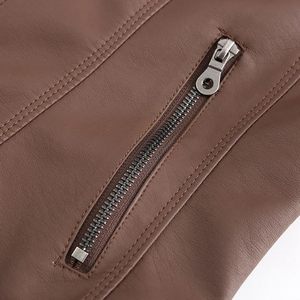 Chaqueta de Motociclista de Cuero PU Marrón para Mujer, Manga Larga, Cuello Alto, Cierre de Cremallera, Estilo Otoñal, Resistente al Viento - Product Image 4