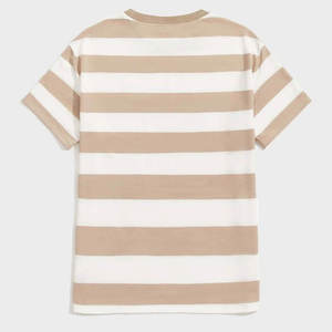 Camiseta de manga corta a rayas beige y blancas para hombre, corte regular, cuello redondo, informal, de punto, de algodón. - Product Image 1