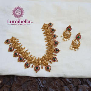 Temple Wedding Jewellery Set for Brides-American Moissanite Gold Plated Designer Necklace and Earring Set - Product Image 1