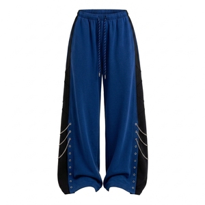 Women's Custom Loose Fit Wide Leg Pants <b>Drawstring</b> Waist Contrast Panels Chain Detail Streetwear Fashion <b>Trousers</b> - Product Image 6