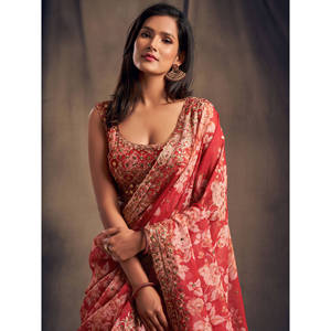 Lehenga choli เทศกาลผ้าโปร่งพิมพ์ลายดอกไม้สีแดง - Product Image 5