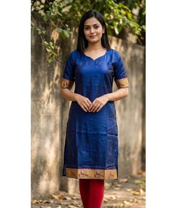 Última Colección de Verano, Kurti de Satén con Borde de Encaje Jacquard, Vestido Casual hasta la Rodilla para Mujer, Uso Diario en la Oficina, Ajuste Cómodo - Product Image 1