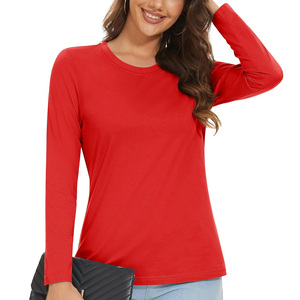 Camiseta de Manga Larga Roja para Mujer, Cuello Redondo, 100% Algodón Jersey, Tejido Casual, Color Sólido, Transpirable, Corte Ajustado, Anti-Pilling - Product Image 1