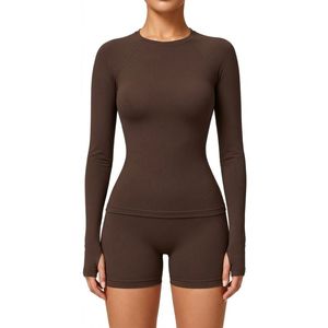 Custom <b>Brown</b> Women's Slim Fit <b>Long</b> <b>Sleeve</b> Yoga <b>Top</b> Crew Neck Fitness Shirt Studio Training Activewear - Product Image 1