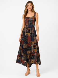 Vestido Casual Maxi Estampado Tejido con Cuello Solapa y Cintura Natural para Mujer, Ideal para Fiestas y Bodas - Product Image 1