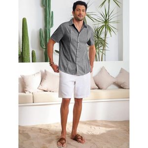 2025 camisa de manga corta informal ajustada para hombre estilo guayabera cubano con botones de lino verano playa Hippie Tops - Product Image 1