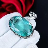 Pendentif solitaire ovale en aquamarine facettée, serti clos, fait main, en argent sterling 925, bijoux de créateur pour femmes et hommes