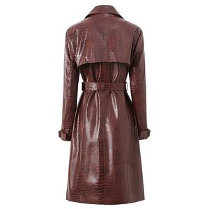 Manteau trench en cuir véritable gaufré marron coupe-vent avec ceinture, manches longues, col rabattu, veste d'automne pour femme - Product Image 4