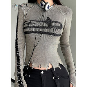 Weekeep Women's <b>Vintage</b> Harajuku Street Style Cardigan Long Sleeve Patchwork Print Basic Pullover for Autumn Winter <b>Sweater</b> - Product Image 1