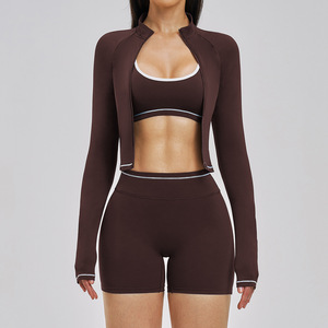 Ensemble de yoga 2 pièces pour femmes, short taille haute, haut court sans couture, manches longues, noir uni, tenue de sport, spandex, polyester, séchage rapide - Product Image 5