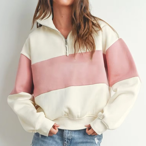 Women's Oversized Color Blocked <b>Zipper</b> Sweatshirt Long Sleeve Drop Shoulder Knitted 100% Cotton Autumn Wear Stand Collar - Product Image 5