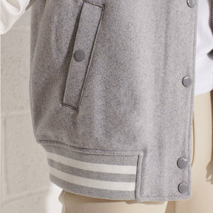 Women's Gray Varsity Jacket With <b>White</b> Sleeves Full Sleeve <b>Button</b> Up Collar Solid Color Woven Polyester Cotton Autumn Wear - Product Image 6