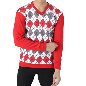 Mens Red White Grey <b>Argyle</b> Print Crew Neck Sweatshirt Long Sleeve Casual Pullover Streetwear Fashion Top - Product Image 2