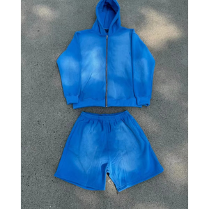 Acid Wash Sun Faded Distressed Vintage Hoodie And Sweat Shorts Custom Full Zip Up Hoodie Shorts <b>Set</b> for man - Product Image 3