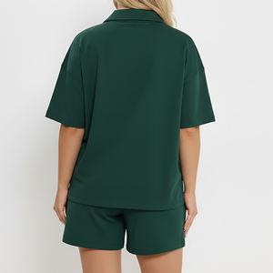 Ensemble polo et short pour femme en jersey 100% coton, OEM/ODM, avec logo personnalisé sérigraphié, dentelle brodée, coupe oversize à épaules tombantes, séchage rapide - Product Image 6