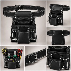 Customizable Genuine Leather Waist <b>Tool</b> Bag Heavy Duty Multi Pocket Work Belt for Electrician Carpenter Construction Workshop - Product Image 2