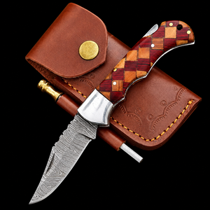 Cuchillo Plegable de Acero de Damasco Hecho a Mano con Mango de Mosaico de Madera – Navaja de Bolsillo Personalizada con Funda de Cuero, Regalo EDC para Exteriores - Product Image 1