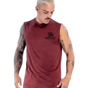 Débardeur sans manches bordeaux pour homme, avec logos personnalisés SHOUKAT, pour la gym, le fitness, la musculation, l'entraînement, les vêtements de sport, l'athlétisme - Product Image 3