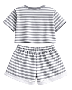 Conjunto de Top Corto y Pantalones Cortos a Rayas Grises y Blancas para Mujer, Estilo Casual de Verano, Dos Piezas, Cintura Elástica, Ropa de Salón, Ropa Urbana, OEM - Product Image 4