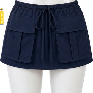 Jupe courte cargo décontractée brodée pour femme SAMAVIA, taille élastique, cordon de serrage, multi-poches, couleur unie, 100% polyester, toutes saisons - Product Image 1