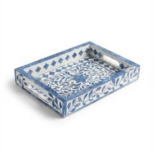 Luxury Indian Handmade Wood Inlay Serving Rectangular <b>Tray</b> Teal Blue Floral Decorative <b>with</b> Handles Home Decor Ramadan - Product Image 5