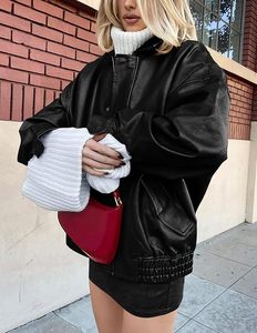 Women's Black PU Leather Bomber Jacket Full Sleeve <b>Zipper</b> Closure Turn-down Collar Autumn Style - Product Image 5