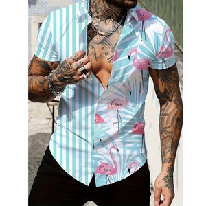 Chemise Hawaïenne Florale Personnalisée pour Homme, Manches Courtes Tropicales, Motif Flamant Rose, Respirante, en Popeline, Col Rabattu, 100% Polyester - Product Image 1