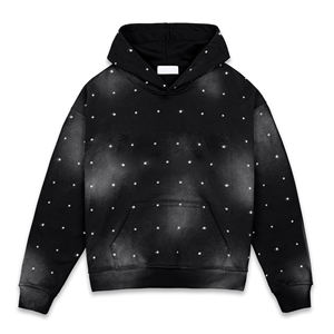 Sudadera con Capucha Negra Personalizada al por Mayor para Hombre, con Pedrería, Estilo Oversize Casual, Tejida en Poliéster con Patrón de Puntos, Estilo Otoñal - Product Image 1