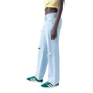 Jean en denim vintage pour femme, coupe droite large, taille haute, déchiré et ajouré, modèle le plus vendu - Product Image 2