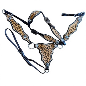 Conjunto de arreos para caballo de cuero natural suave de piel de vaca con estampado de leopardo, cabezada y pechopetral, cómodo, duradero, personalizable y ligero - Product Image 1