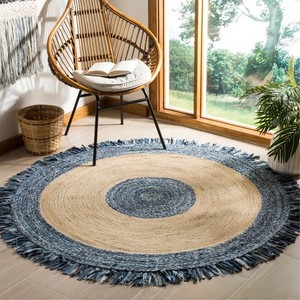 Tapis rond bohème en jute avec franges bleues, fait main, écologique, décoration de salon - Product Image 2