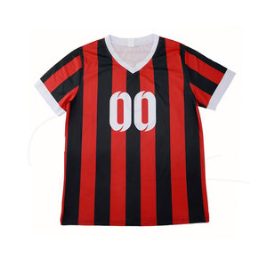 Camiseta de Fútbol Personalizada a Rayas Rojas y Negras, Cuello en V, Manga Corta, Transpirable, de Poliéster, Unisex, para Adultos, con Estampado Sublimado - Product Image 1