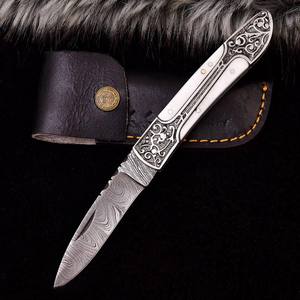 Damascus Steel Folding <b>Knife</b> Engraved Handle Vertical Carry Sheath <b>Pocket</b> <b>EDC</b> Hunting Camping Drop Point <b>Knife</b> Custom OEM <b>Knife</b> - Product Image 1