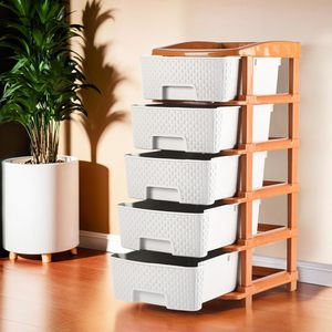 Organizador de cajones apilable de plástico de 5 niveles, blanco con ribete naranja, caja de almacenamiento, organizador de almacenamiento, estante de almacenamiento - Product Image 4