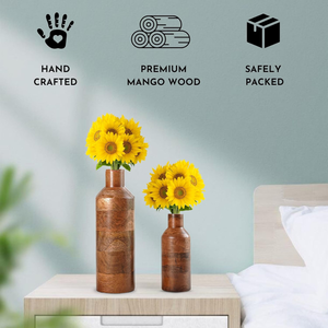 Vase à fleurs en bois sculpté à la main, design rond, ensemble de 2 vases en bois de manguier en forme de bouteille pour la décoration de la maison - Product Image 5