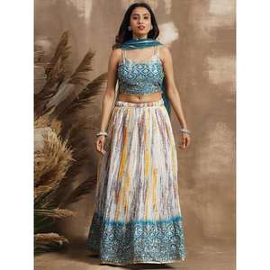 Chinon Festive Wear Lehenga Choli avec des robes agréables à paillettes blanches et bleues - Product Image 5